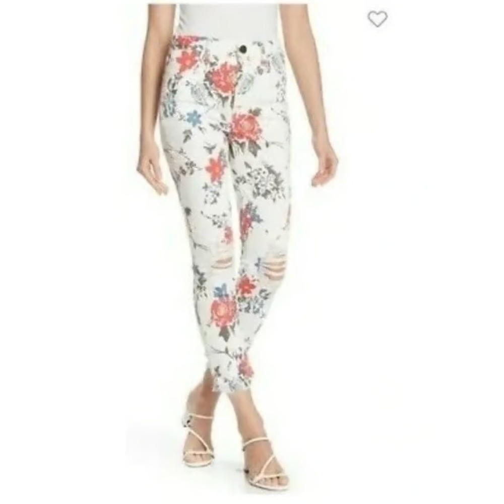 $140 Mumu Blue‎ Floral Distressed Skinny Jeans Women's White Red Blue Flower